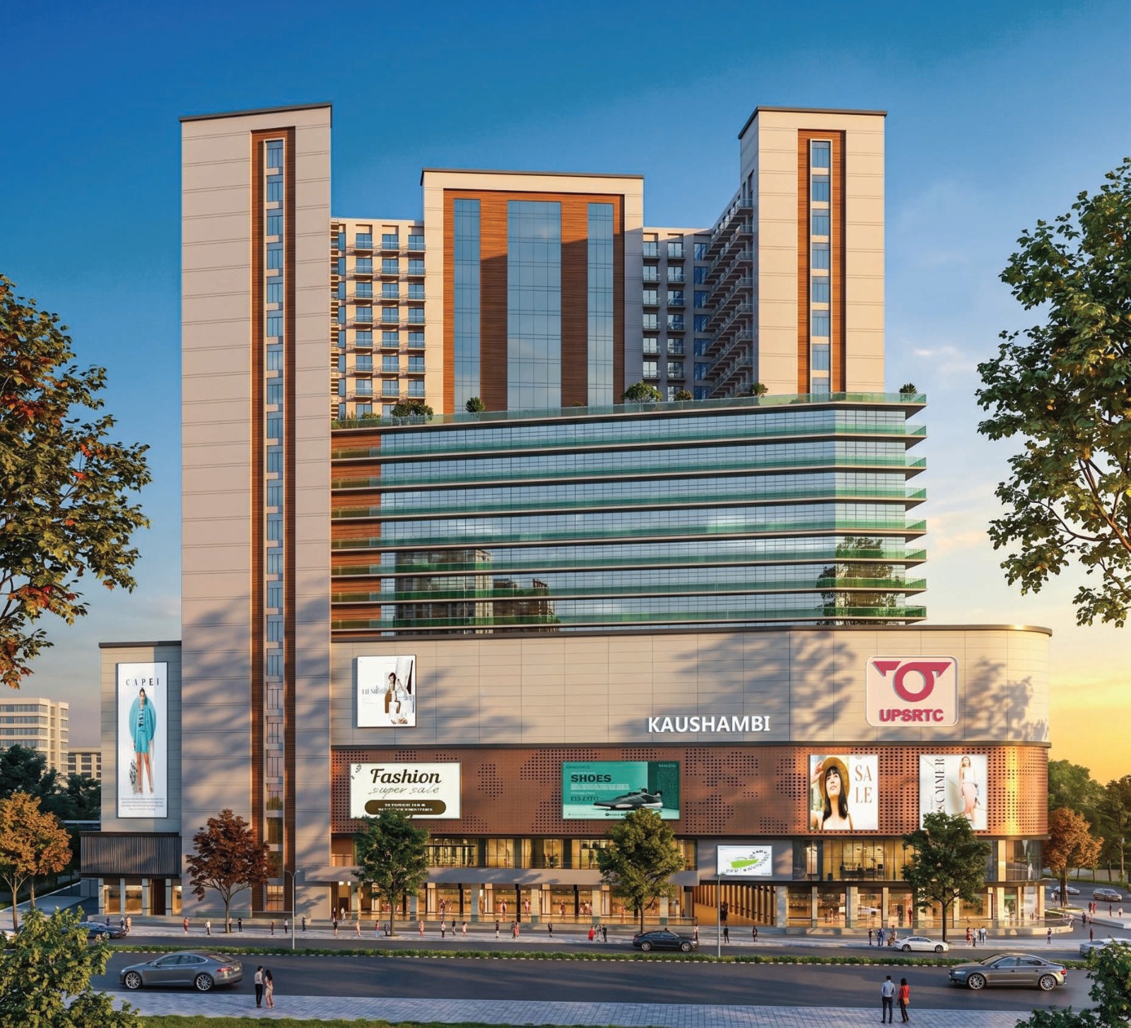 Omaxe Kaushambi Front Elevation Omaxe Kaushambi front elevation rendering showing the mixed-use commercial tower in Ghaziabad